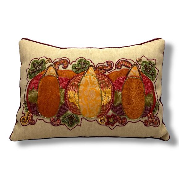 Pier 1 Beaded Pumpkin Throw Pillow 18x13x6 - Picture 1 of 7